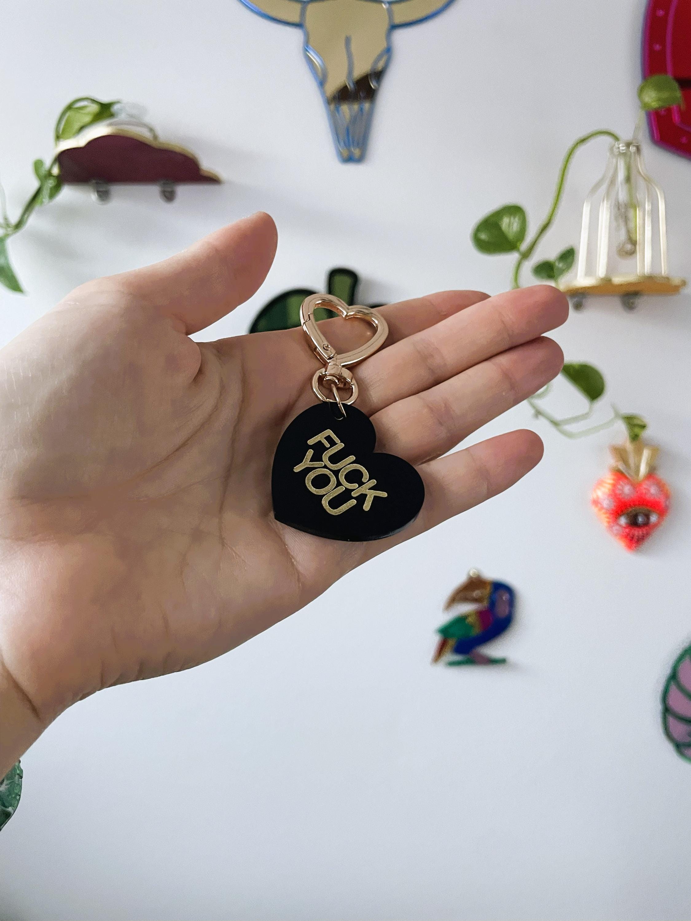Fuck You Fuck Off Trinket Bag Charm Key Chain | Handmade Heart Black Acrylic