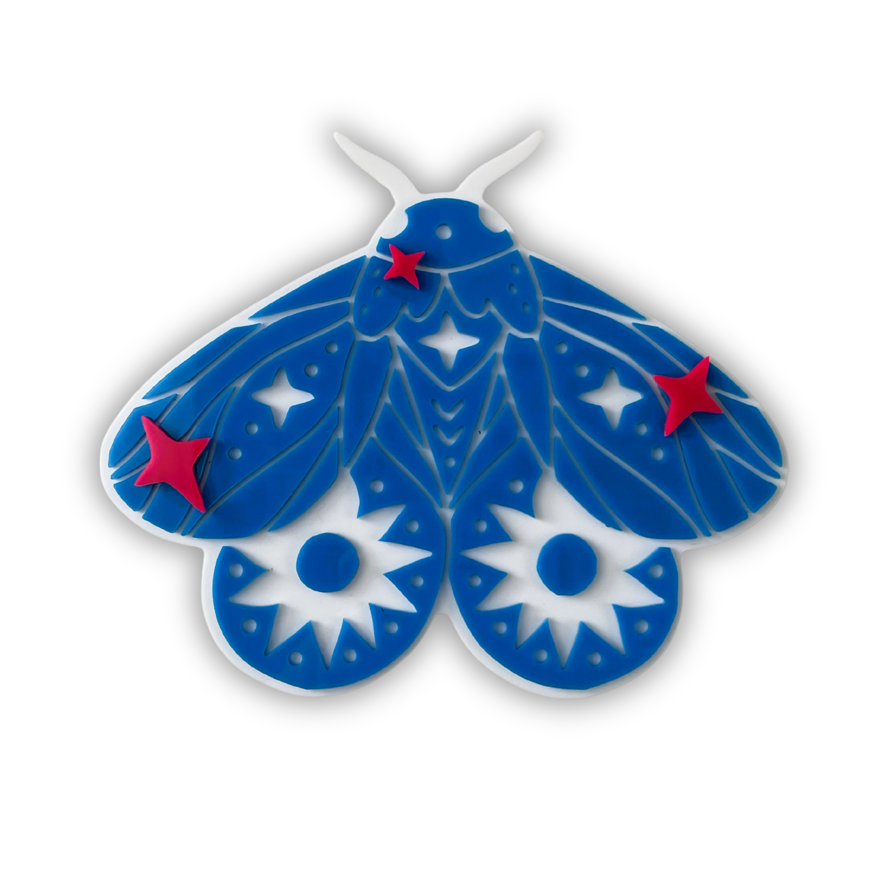 Decorative blue moth with red accents on a white background