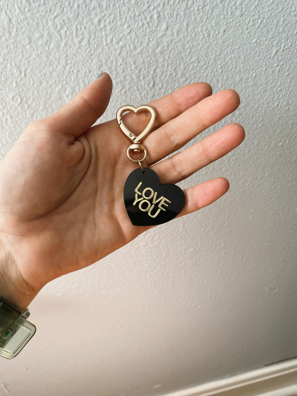 Love You Trinket Bag Charm Key Chain | Handmade Heart Black Acrylic
