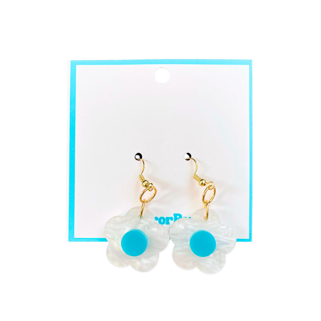 Pearlescent Funky Flower Earrings: White & Teal Flower with Gold Jewelry