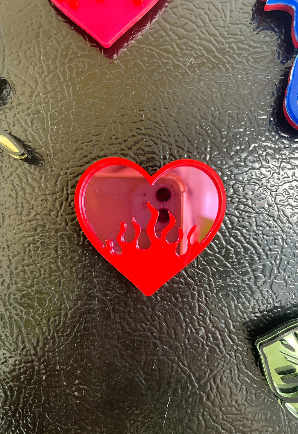 Heart and Flame Acrylic Mirror Fridge Magnet: Funky Pop Art Small Wall Hanging