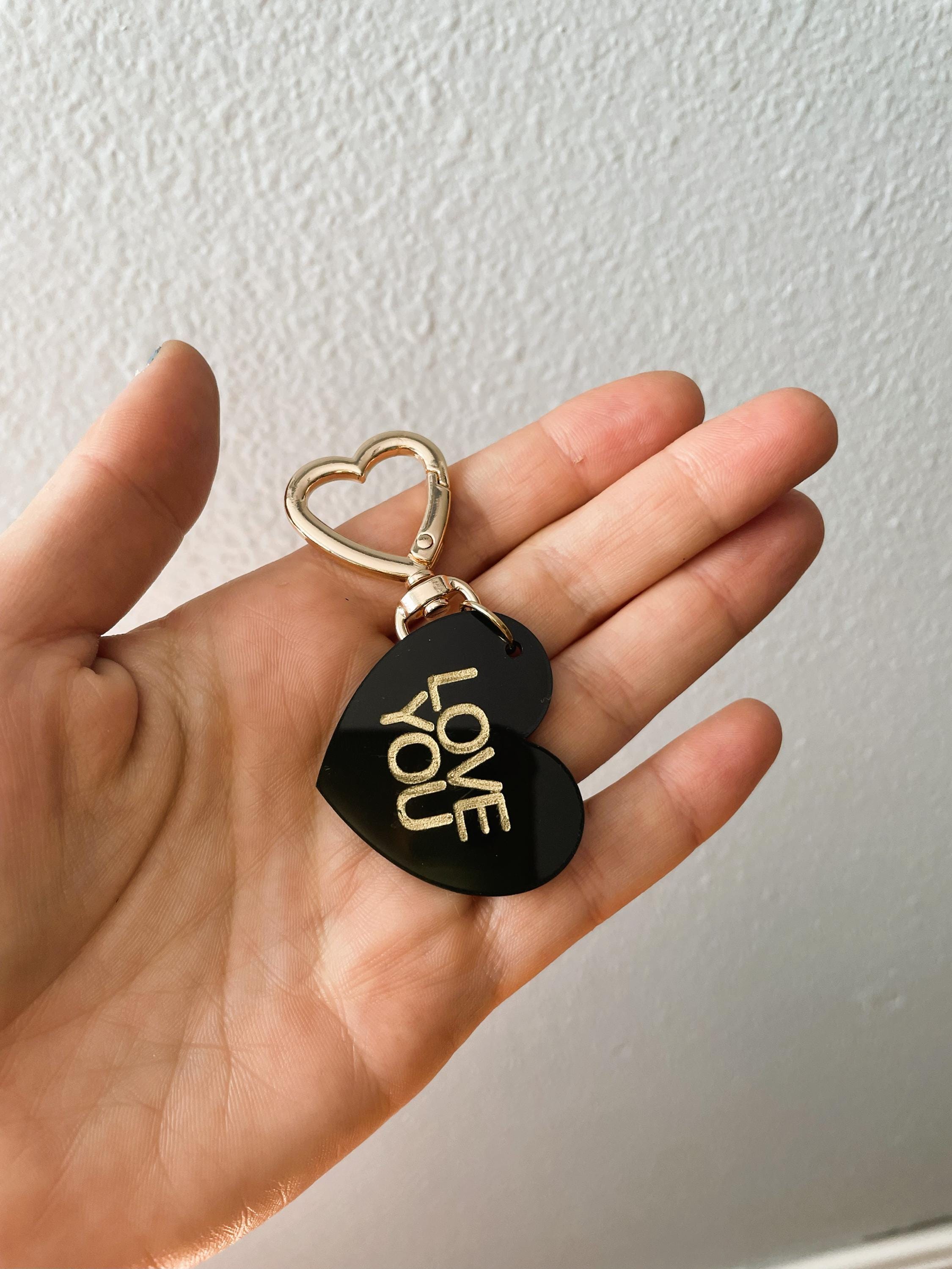 Love You Trinket Bag Charm Key Chain | Handmade Heart Black Acrylic