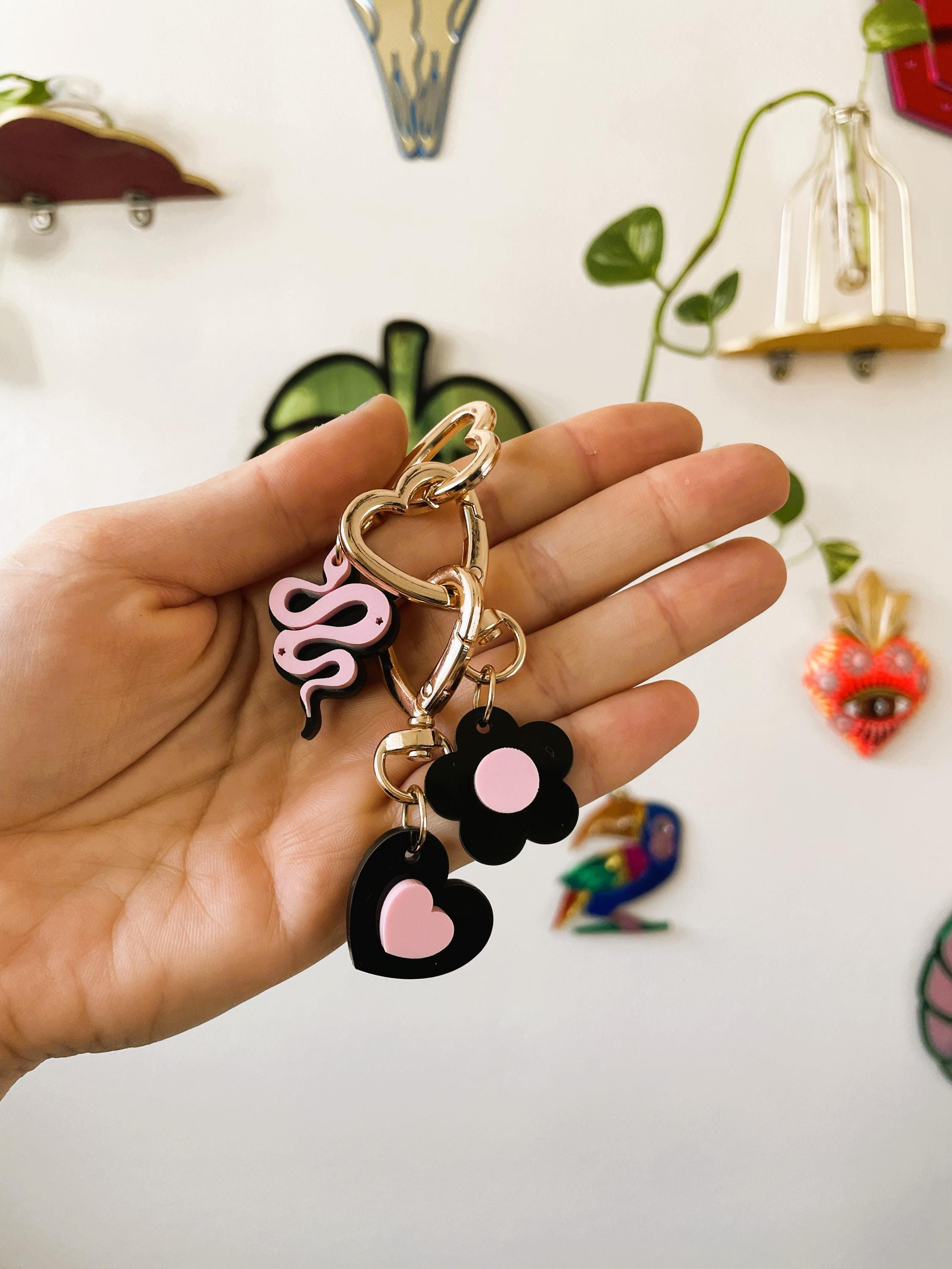 Snake Bag Charm Keychain | Handmade Pink and Black Acrylic