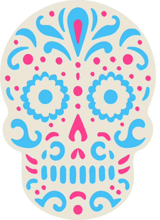 Colorful sugar skull design with blue and pink patterns on a white background