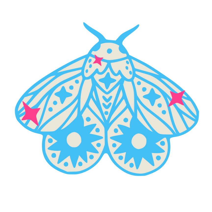 Decorative moth illustration with blue wings and pink accents on a white background