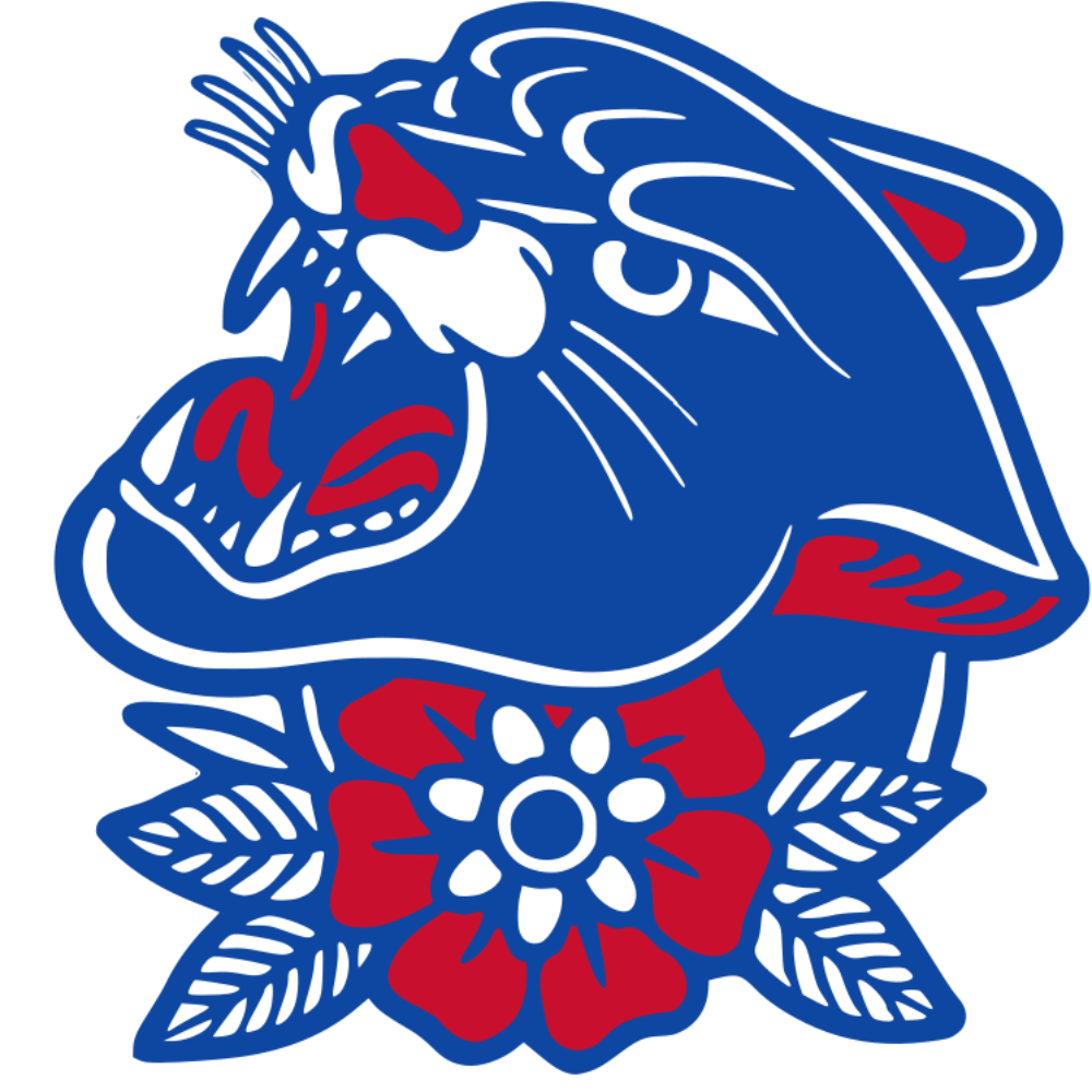 Logo with a blue panther head and red flowers on a white background