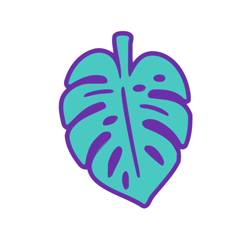 Tropical leaf with turquoise body and purple border on a white background