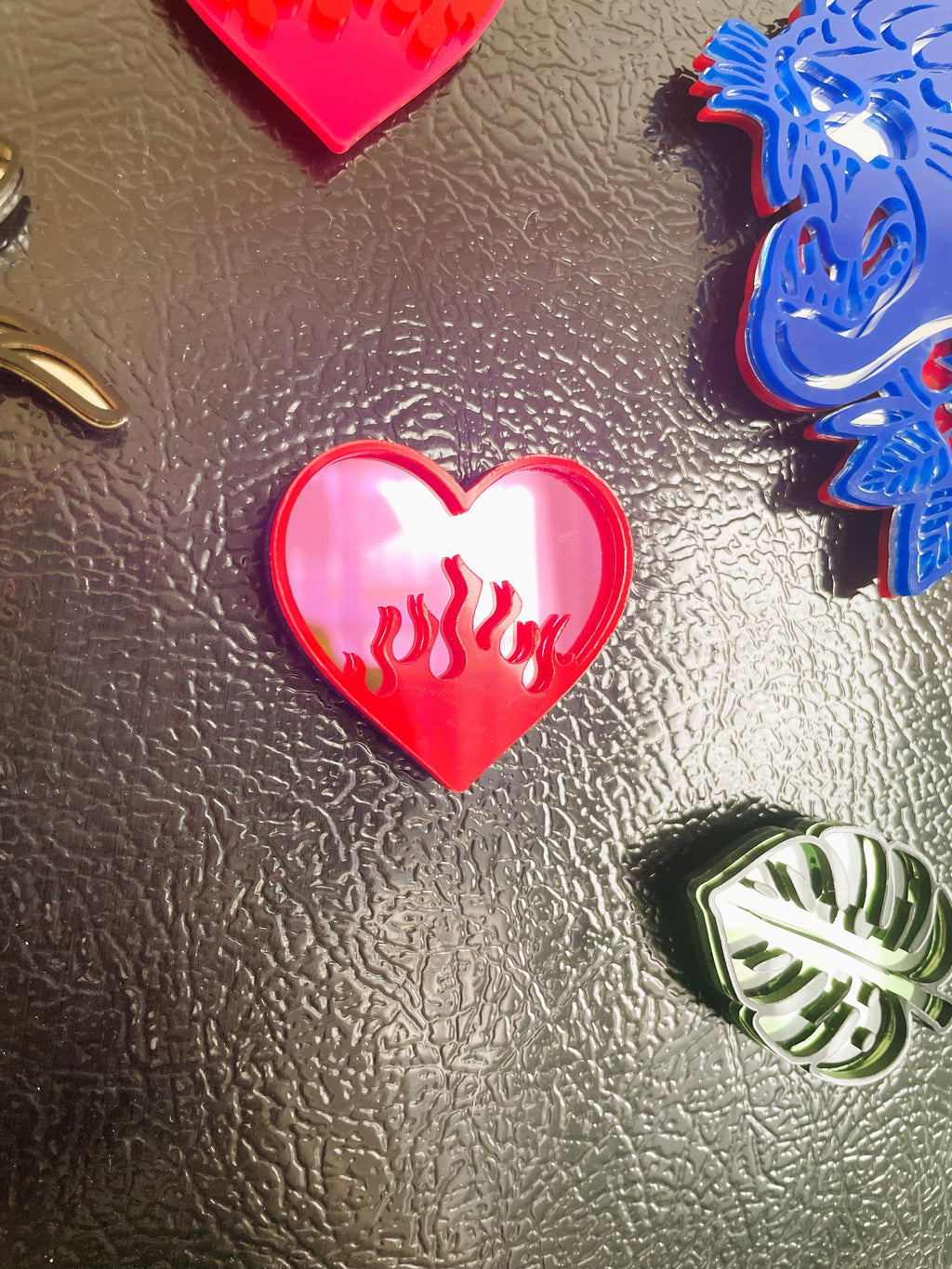 Heart and Flame Acrylic Mirror Fridge Magnet: Funky Pop Art Small Wall Hanging