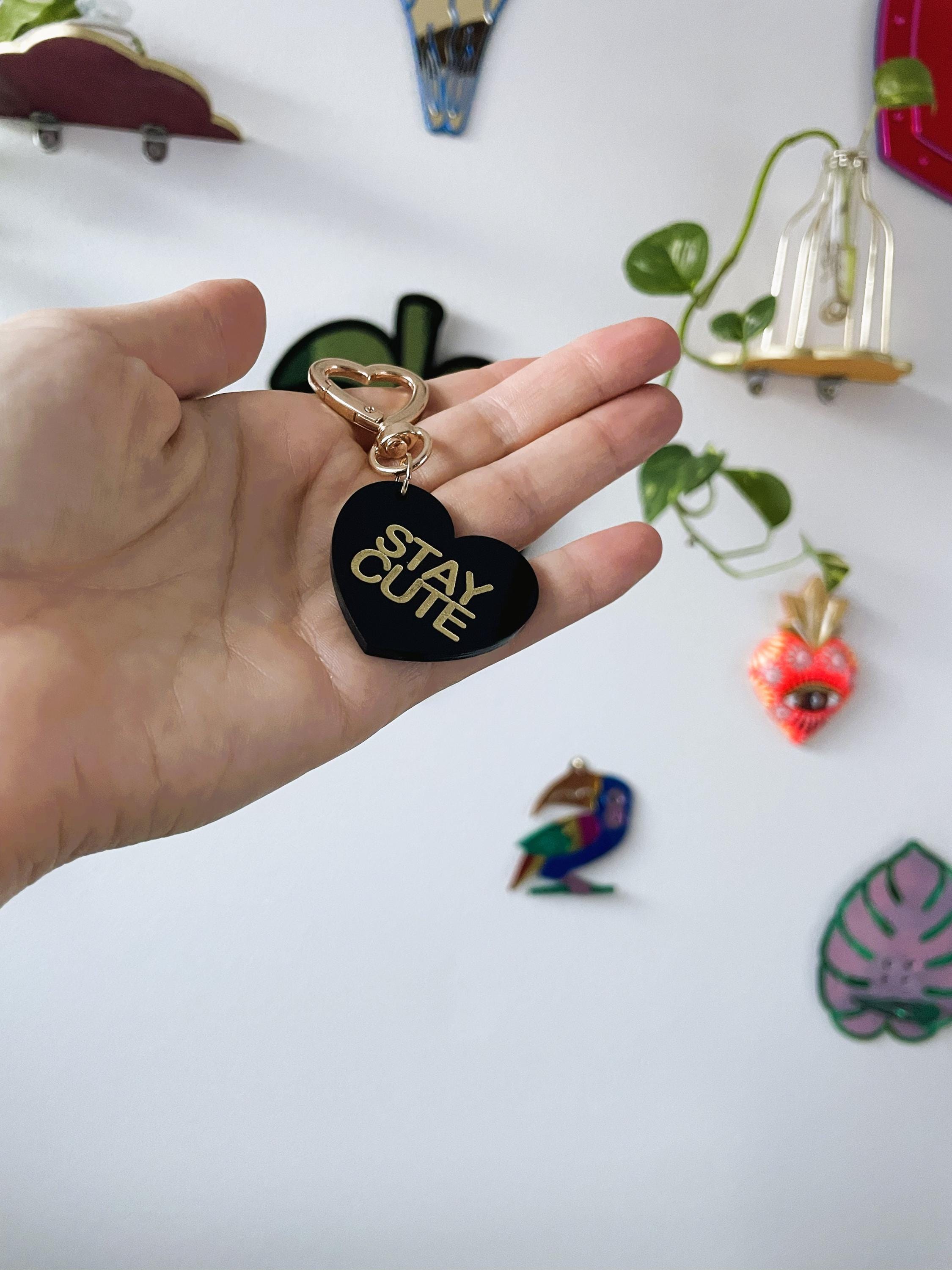 Stay Cute Heart Trinket Bag Charm Key Chain | Handmade Heart Black Acrylic