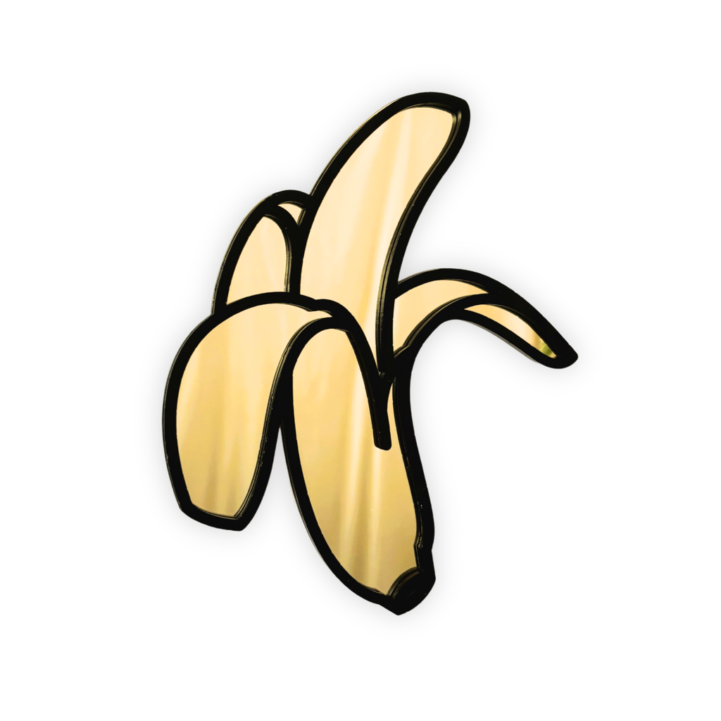 Gold banana-shaped acrylic mirror wall art on a white background