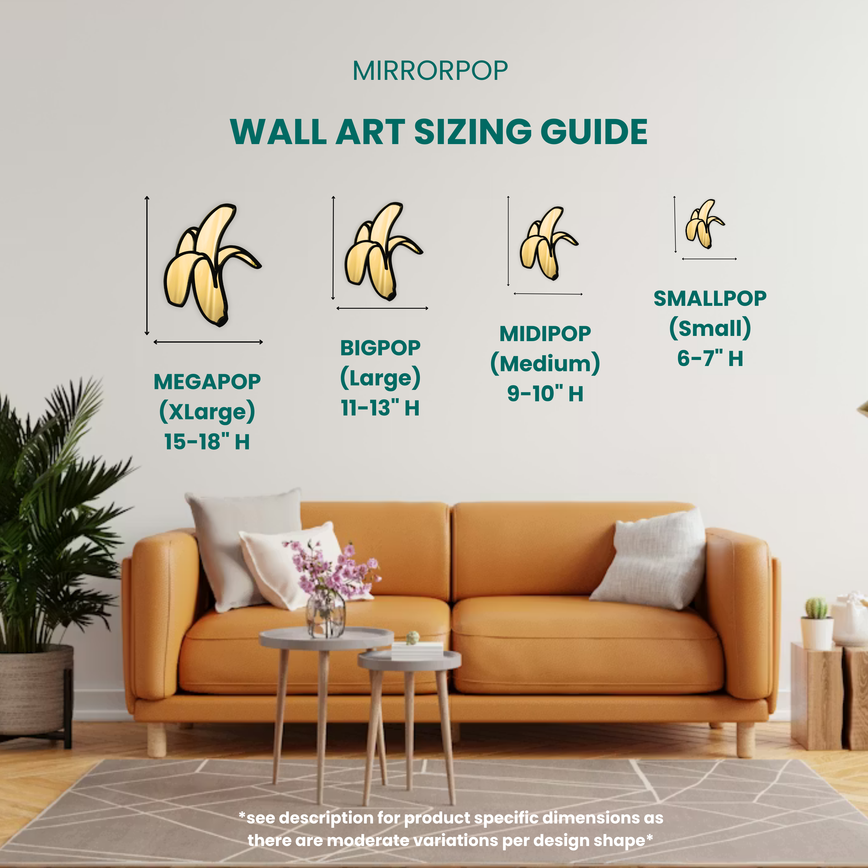 Wall art sizing guide for 'Mirrorpop' wall decals with a living room setting.