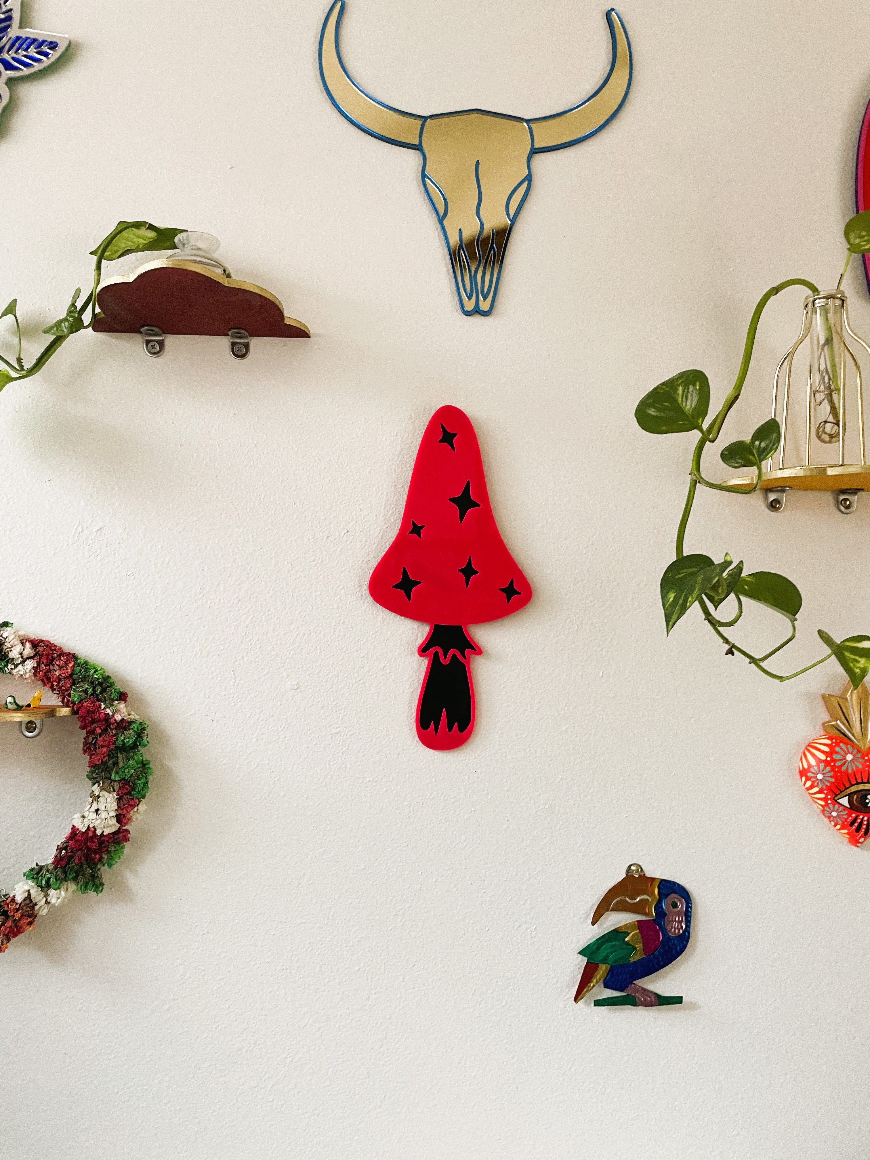 Decorative items including a red cone with black stars, a bull skull, and a toucan on a white wall.