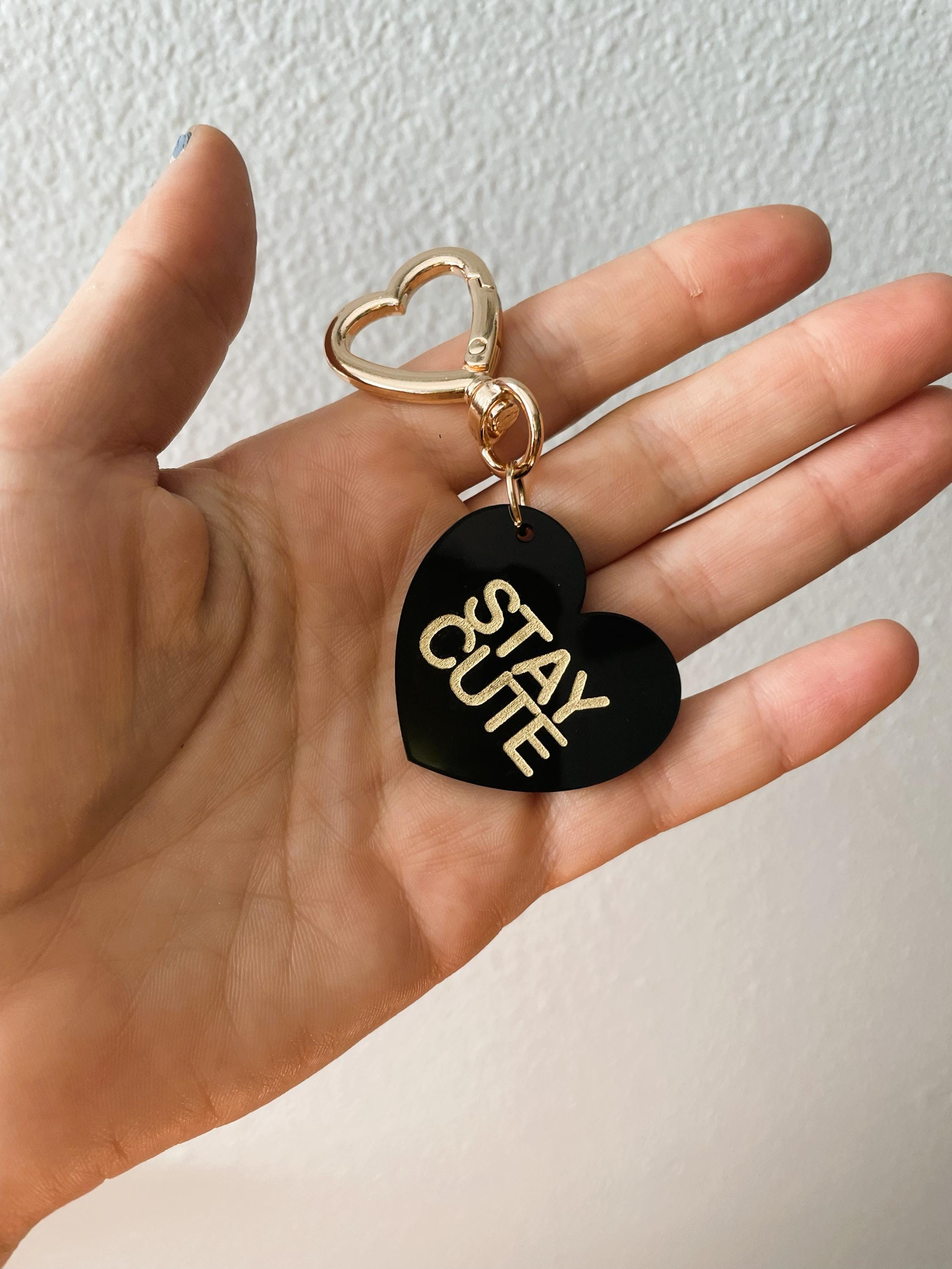 Stay Cute Heart Trinket Bag Charm Key Chain | Handmade Heart Black Acrylic