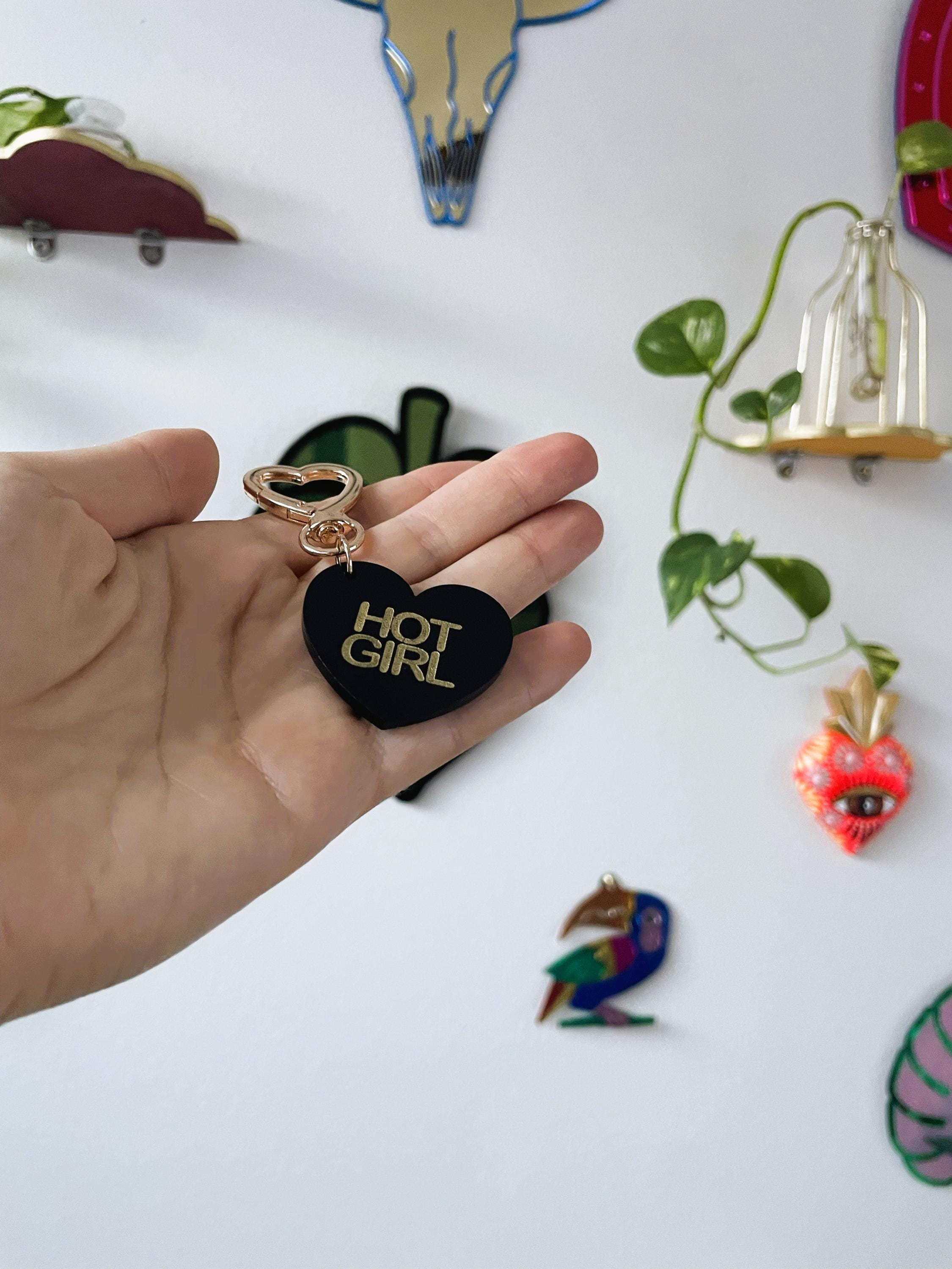 Hot Girl Boy Trinket Bag Charm Key Chain | Handmade Heart Black Acrylic