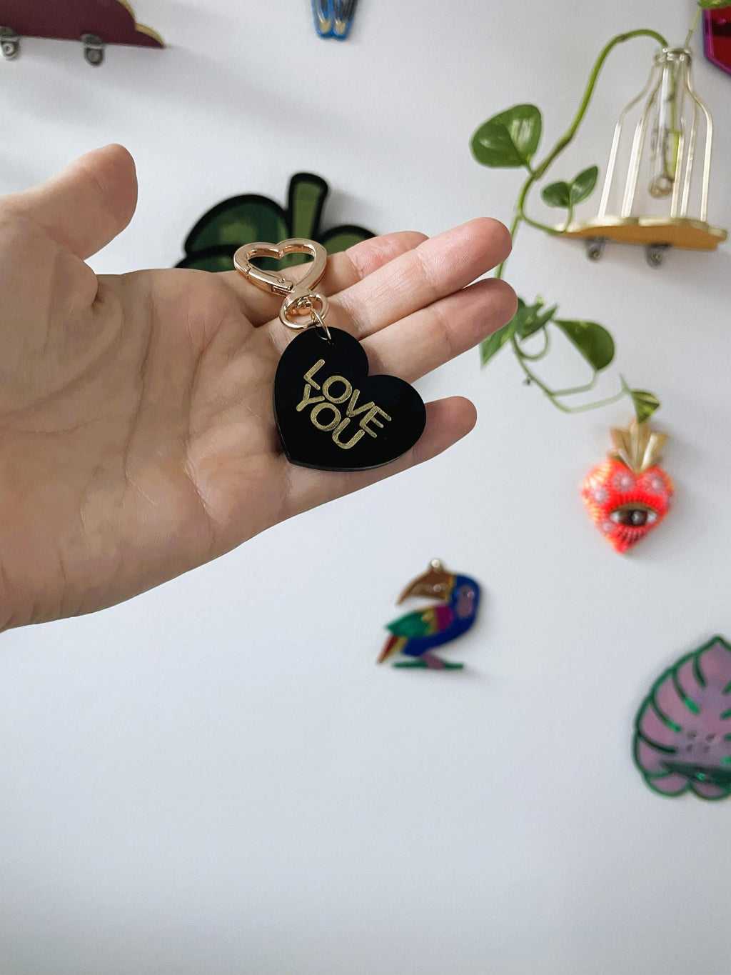 Love You Trinket Bag Charm Key Chain | Handmade Heart Black Acrylic