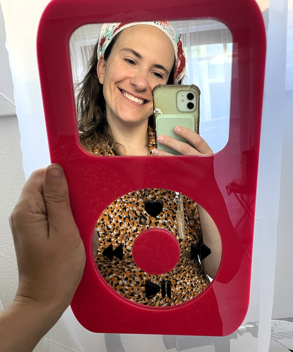 BubbleBeat - MP3 Player Mirror: Y2K Hot Pink Wall Hanging - by MirrorPop. Handmade acrylic art.