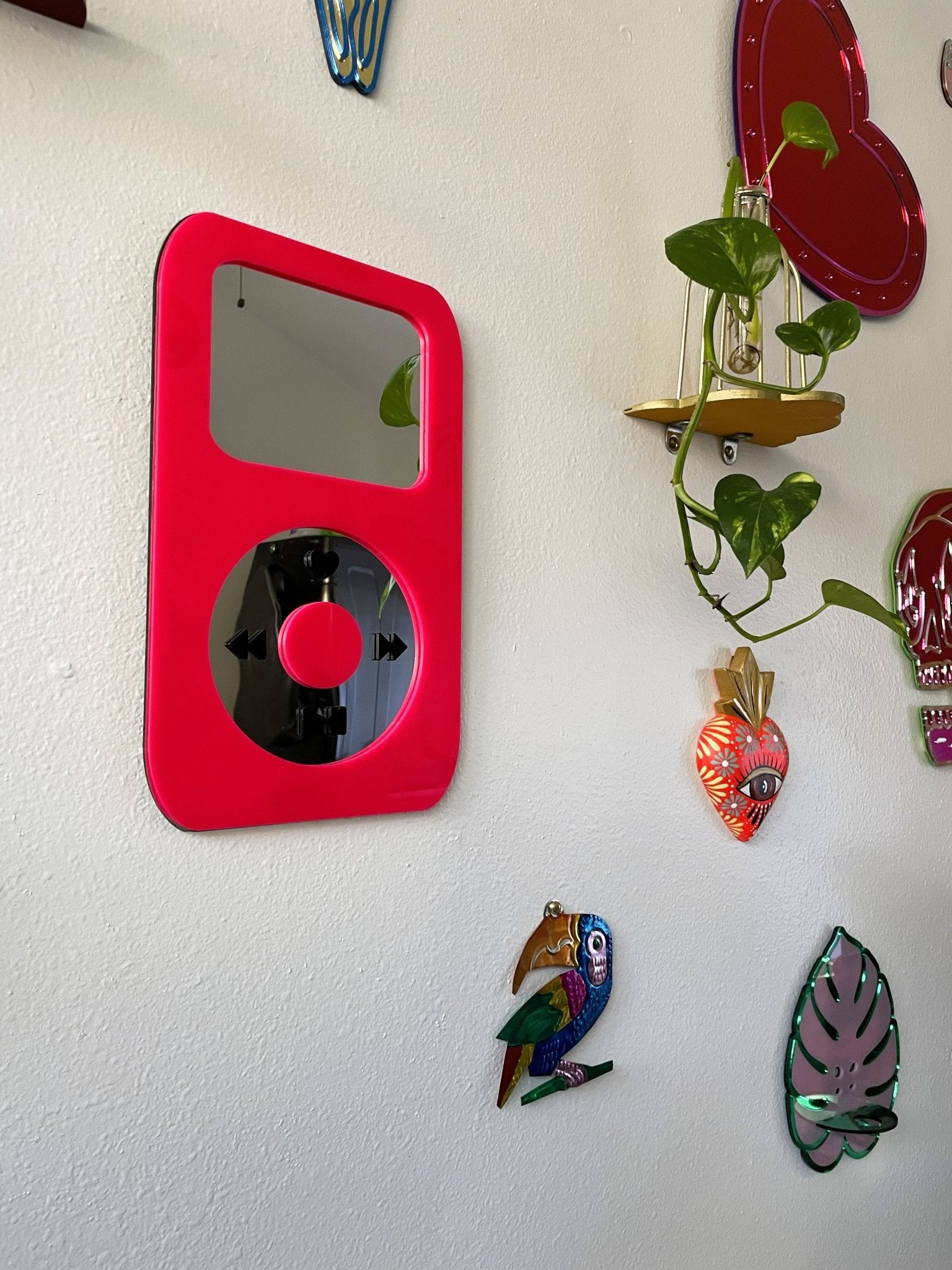 BubbleBeat - MP3 Player Mirror: Y2K Hot Pink Wall Hanging - by MirrorPop. Handmade acrylic art.