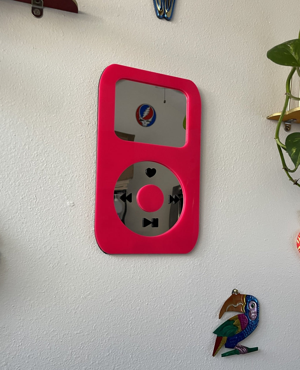 BubbleBeat - MP3 Player Mirror: Y2K Hot Pink Wall Hanging - by MirrorPop. Handmade acrylic art.