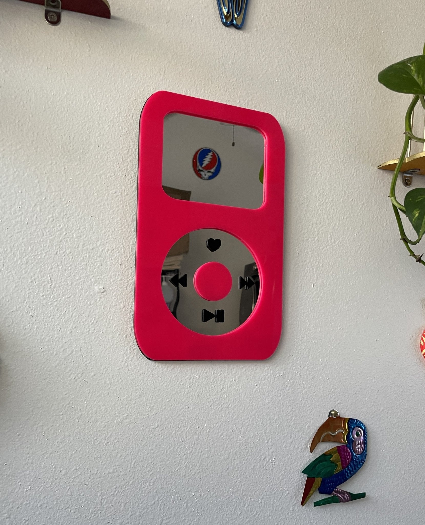 BubbleBeat - MP3 Player Mirror: Y2K Hot Pink Wall Hanging - by MirrorPop. Handmade acrylic art.