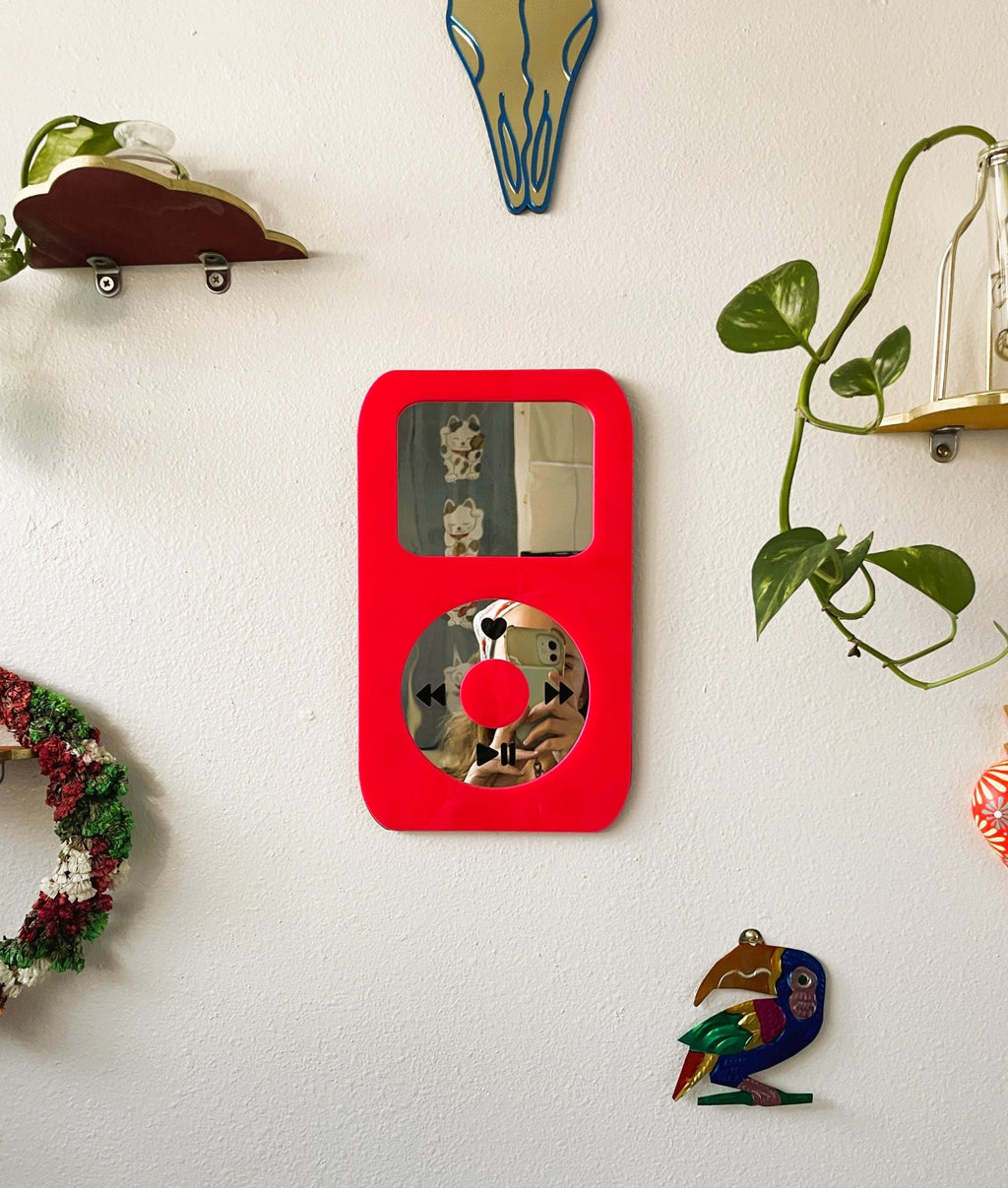 BubbleBeat - MP3 Player Mirror: Y2K Hot Pink Wall Hanging - by MirrorPop. Handmade acrylic art.