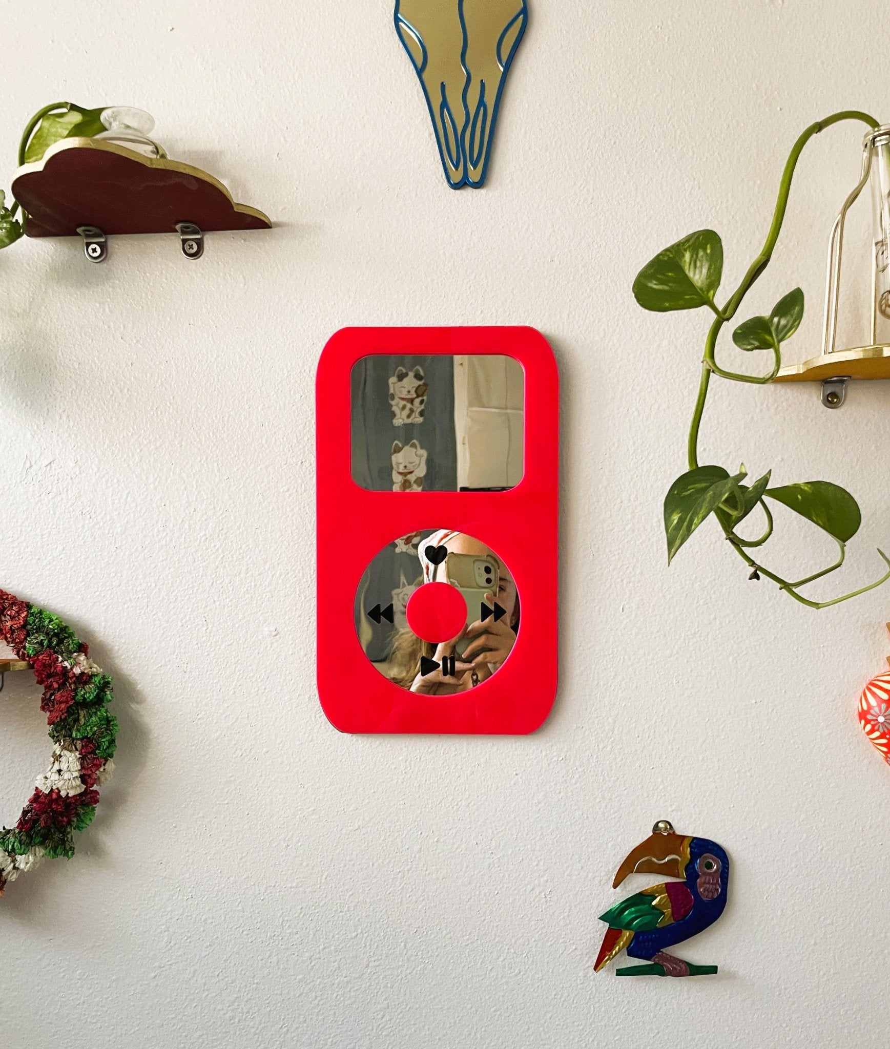 BubbleBeat - MP3 Player Mirror: Y2K Hot Pink Wall Hanging - by MirrorPop. Handmade acrylic art.