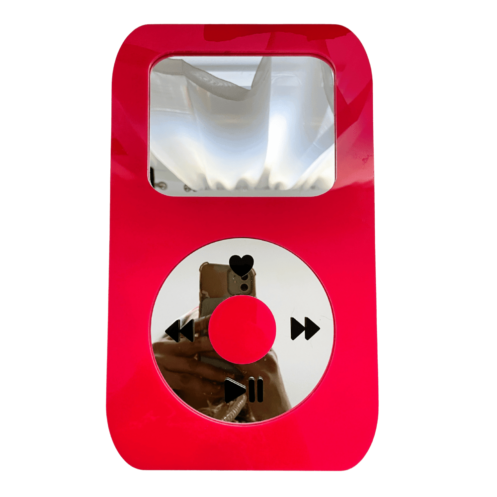 BubbleBeat - MP3 Player Mirror: Y2K Hot Pink Wall Hanging - by MirrorPop. Handmade acrylic art.