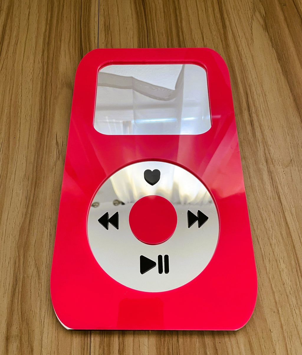 BubbleBeat - MP3 Player Mirror: Y2K Hot Pink Wall Hanging - by MirrorPop. Handmade acrylic art.
