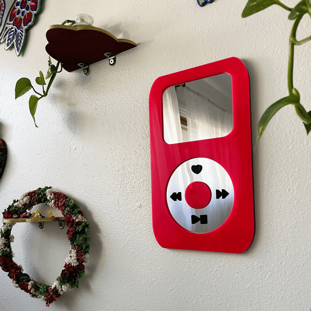 BubbleBeat - MP3 Player Mirror: Y2K Hot Pink Wall Hanging - by MirrorPop. Handmade acrylic art.