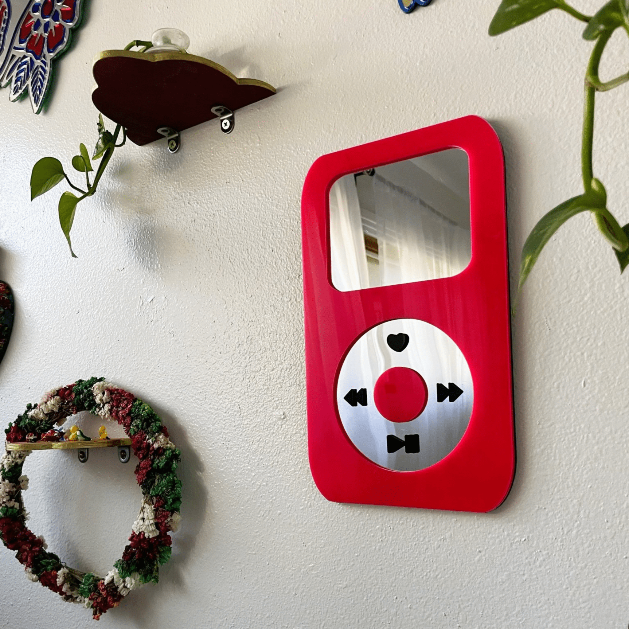 BubbleBeat - MP3 Player Mirror: Y2K Hot Pink Wall Hanging - by MirrorPop. Handmade acrylic art.