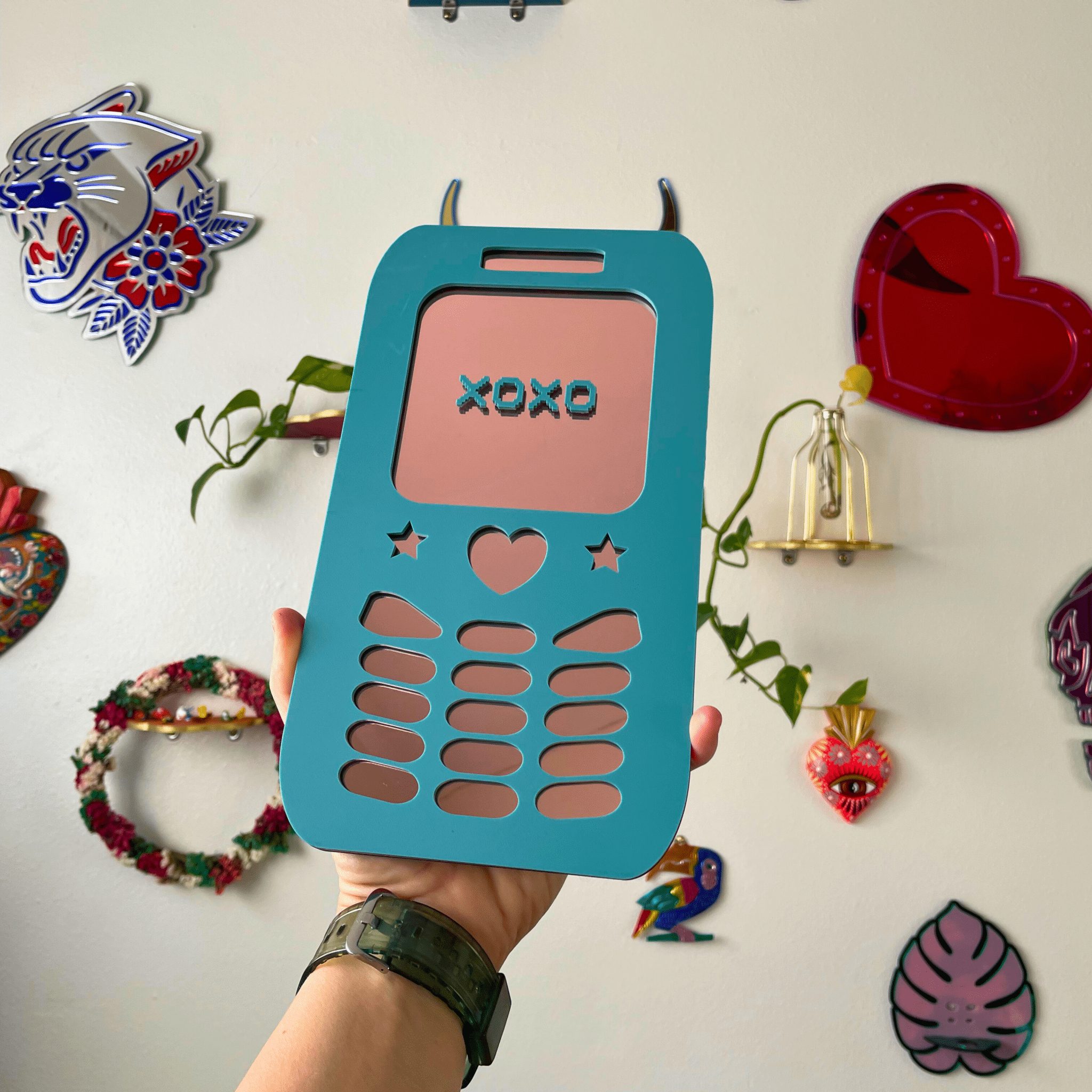BubblePhone - Retro Phone XOXO Mirror: Y2K Colorful Acrylic Gallery Wall Hanging Decor - by MirrorPop. Handmade acrylic art.