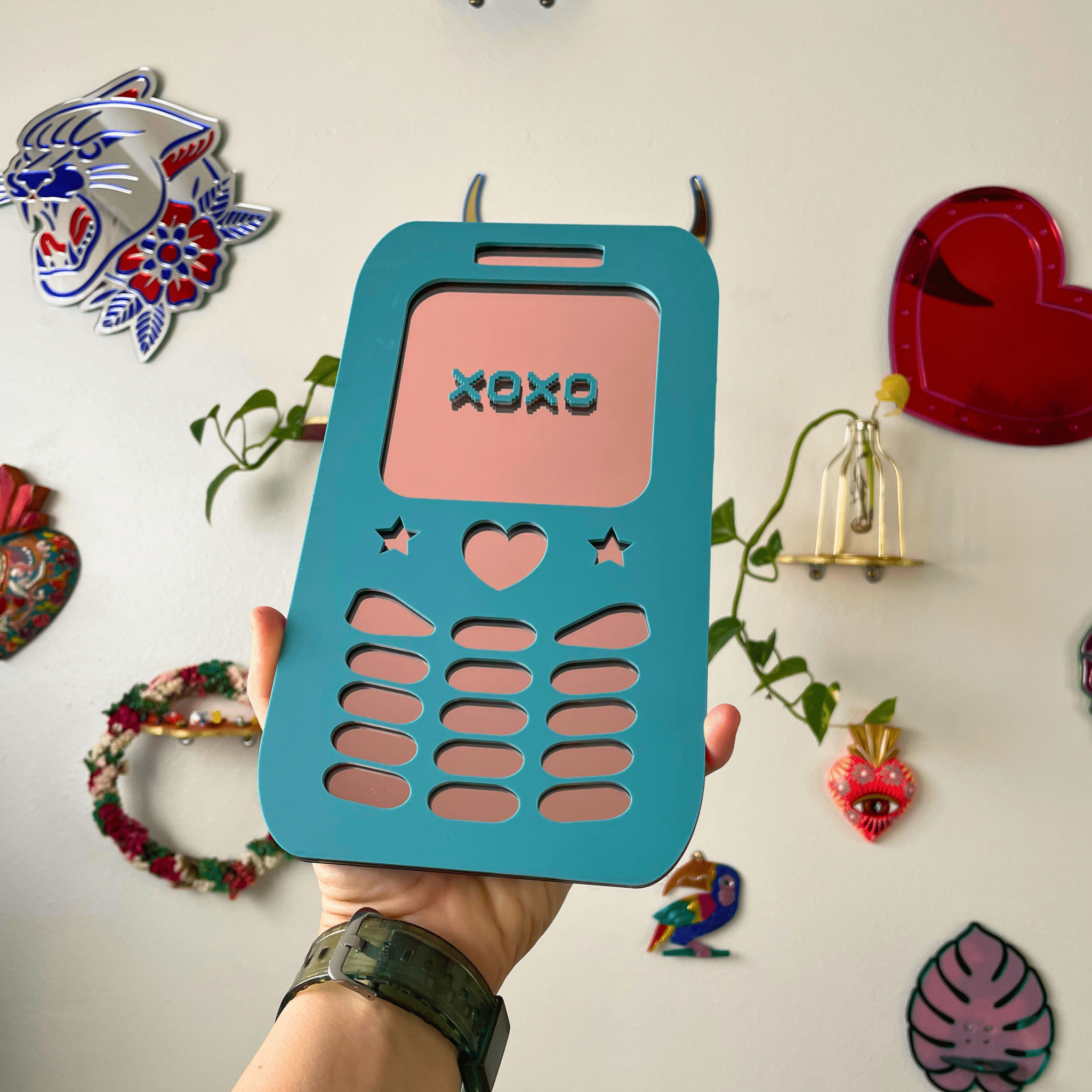 BubblePhone - Retro Phone XOXO Mirror: Y2K Colorful Acrylic Gallery Wall Hanging Decor - by MirrorPop. Handmade acrylic art.