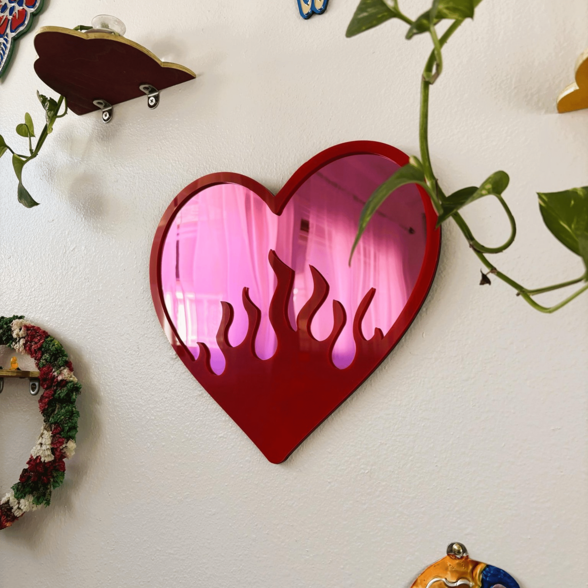 BurningLove Mirror - Heart Flame Acrylic Mirror, Funky Pop Art Wall Decor, Handmade - by MirrorPop. Handmade acrylic art.