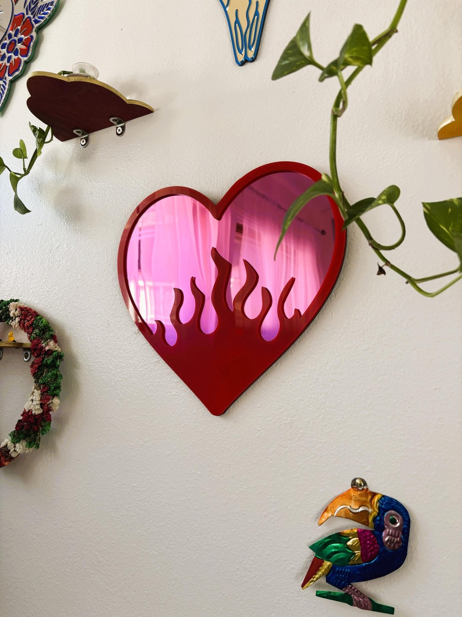 BurningLove Mirror - Heart Flame Acrylic Mirror, Funky Pop Art Wall Decor, Handmade - by MirrorPop. Handmade acrylic art.