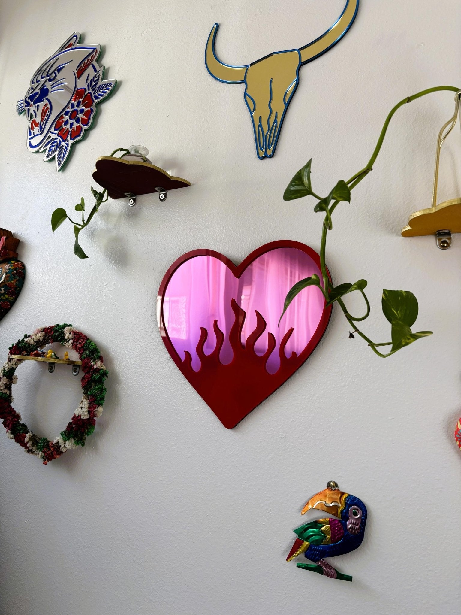BurningLove Mirror - Heart Flame Acrylic Mirror, Funky Pop Art Wall Decor, Handmade - by MirrorPop. Handmade acrylic art.