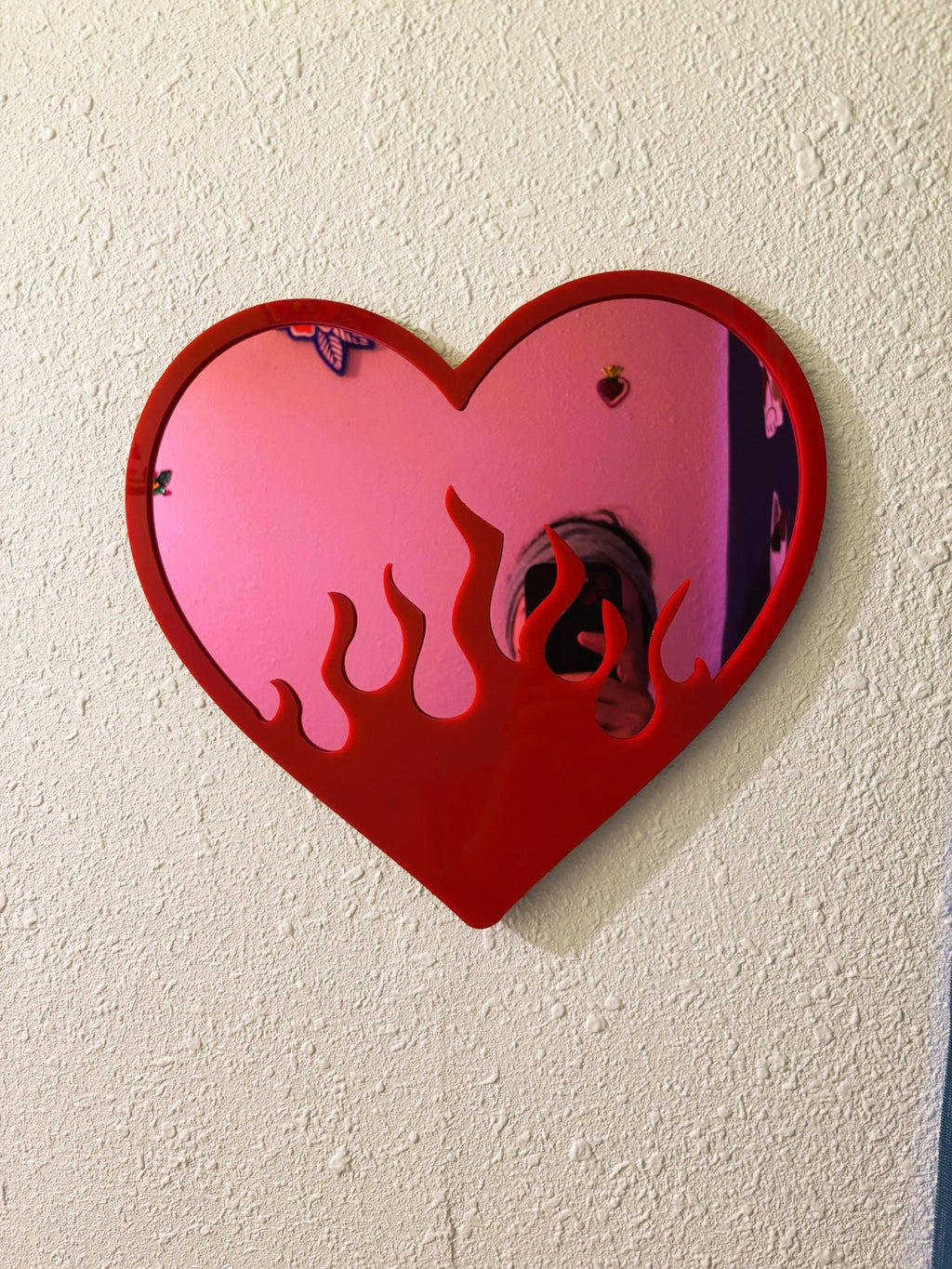 BurningLove Mirror - Heart Flame Acrylic Mirror, Funky Pop Art Wall Decor, Handmade - by MirrorPop. Handmade acrylic art.