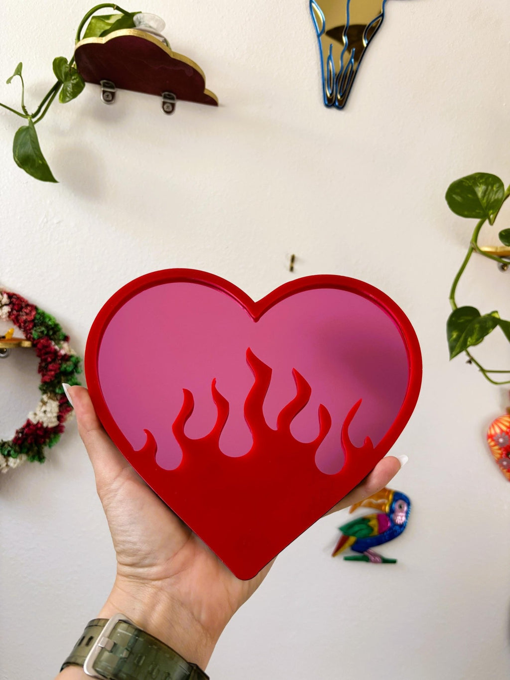 BurningLove Mirror - Heart Flame Acrylic Mirror, Funky Pop Art Wall Decor, Handmade - by MirrorPop. Handmade acrylic art.