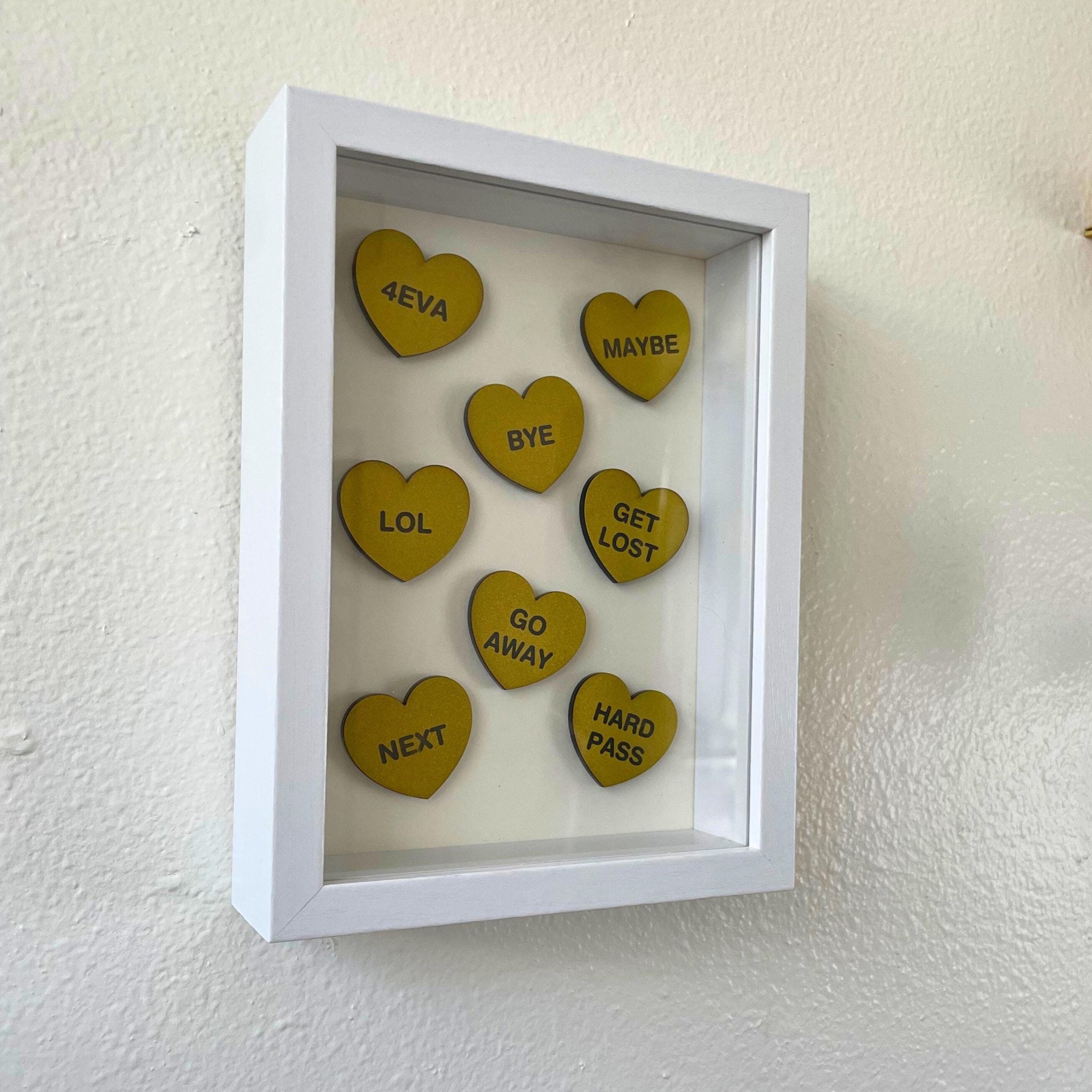 Candy Conversation Hearts Shadow Box | “Go Away” Anti - Valentine Decor | Funny Heart Wall Art | Sarcastic Valentine Gift - by MirrorPop. Handmade acrylic art.