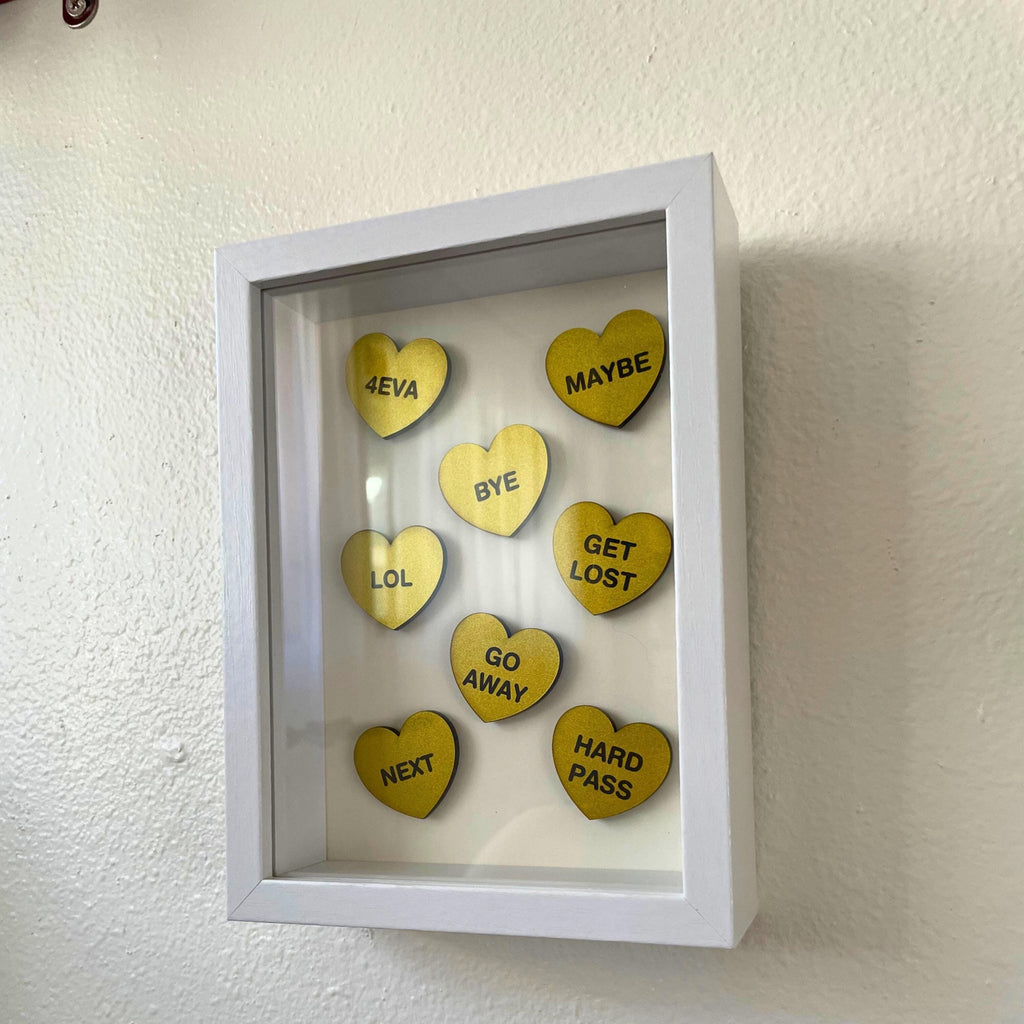 Candy Conversation Hearts Shadow Box | “Go Away” Anti - Valentine Decor | Funny Heart Wall Art | Sarcastic Valentine Gift - by MirrorPop. Handmade acrylic art.