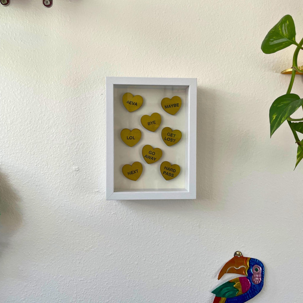 Candy Conversation Hearts Shadow Box | “Go Away” Anti - Valentine Decor | Funny Heart Wall Art | Sarcastic Valentine Gift - by MirrorPop. Handmade acrylic art.