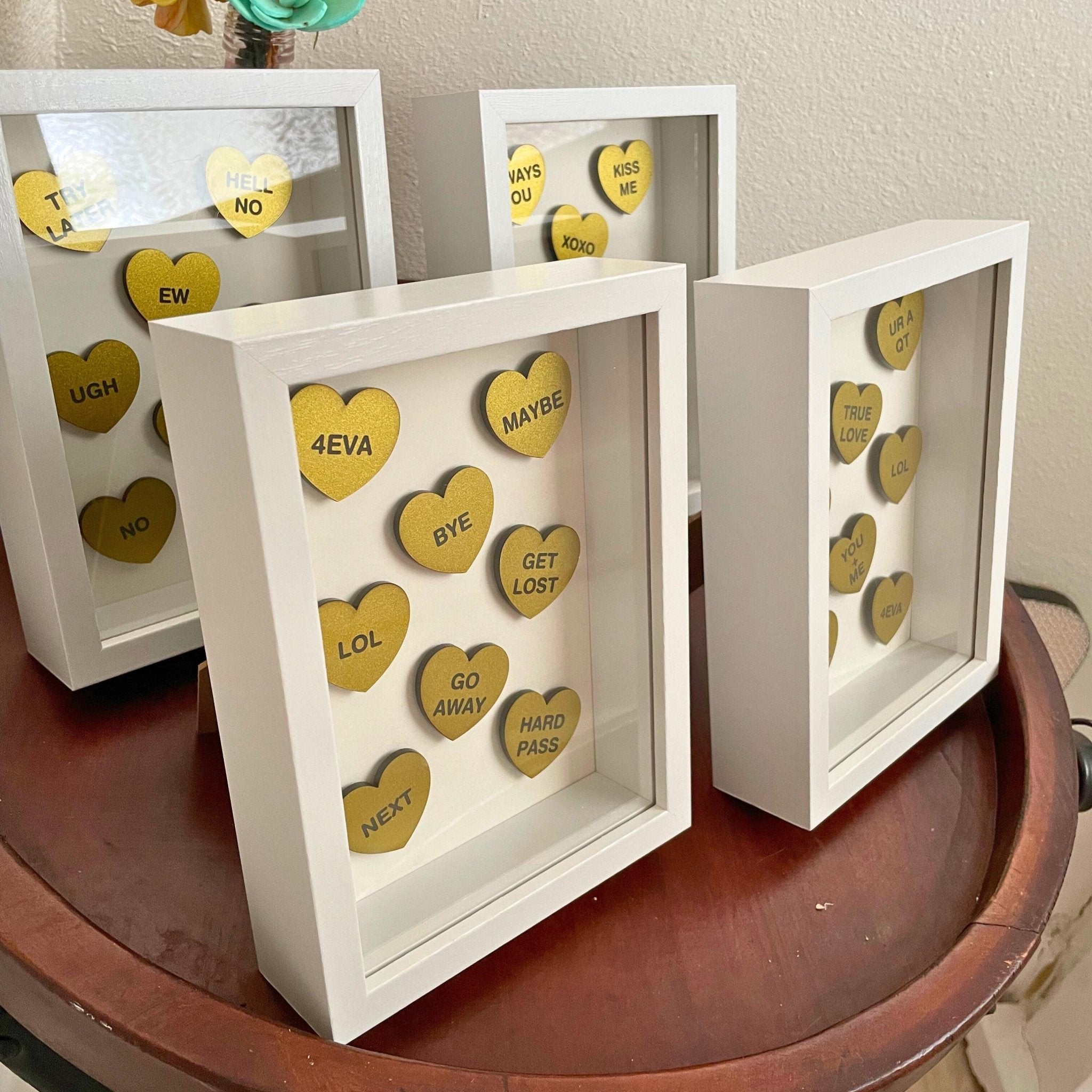 Candy Conversation Hearts Shadow Box | “Go Away” Anti - Valentine Decor | Funny Heart Wall Art | Sarcastic Valentine Gift - by MirrorPop. Handmade acrylic art.