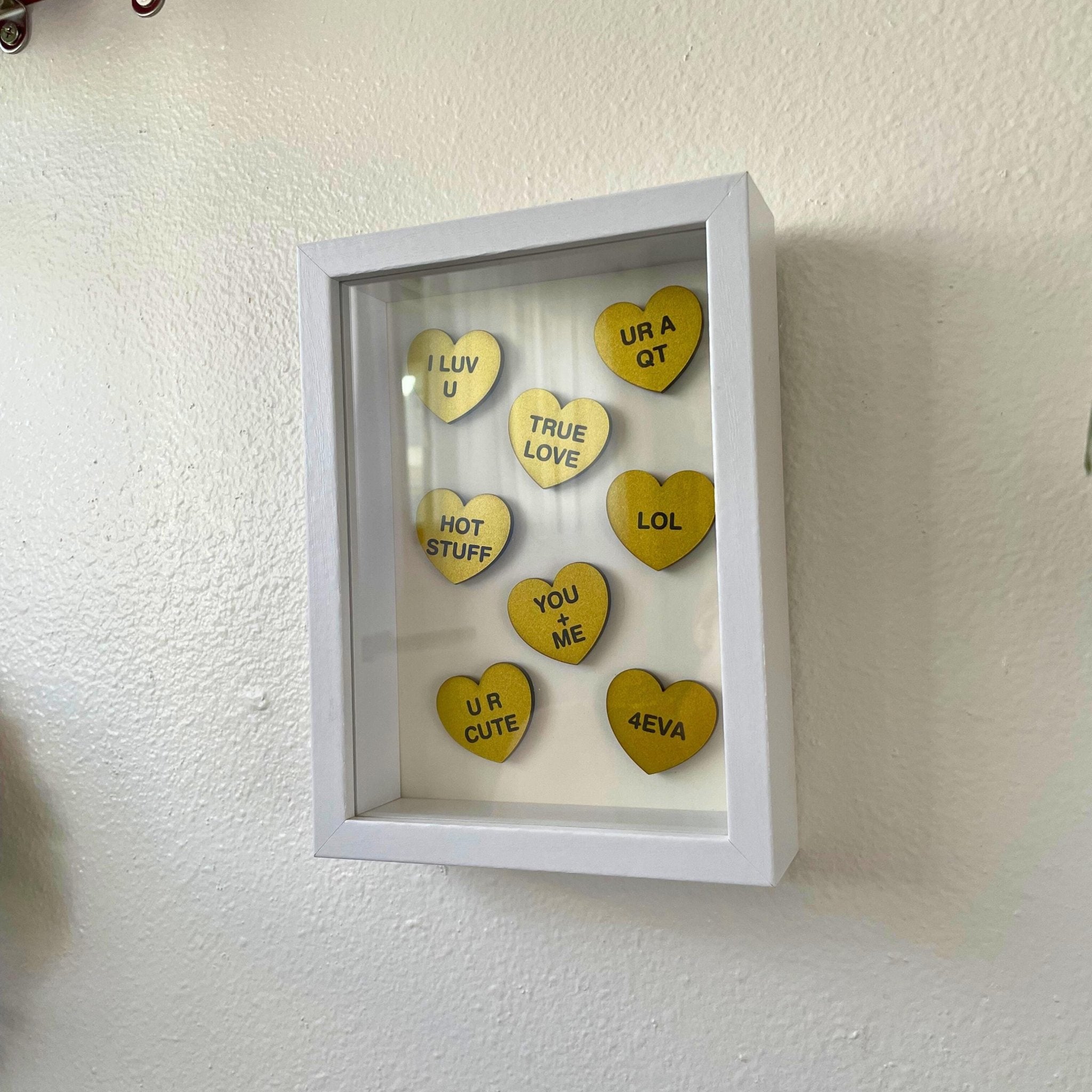 Candy Conversation Hearts Shadow Box | Internet Love Sayings Valentine Decor | Modern Heart Wall Art | Cute Valentine Gift - by MirrorPop. Handmade acrylic art.