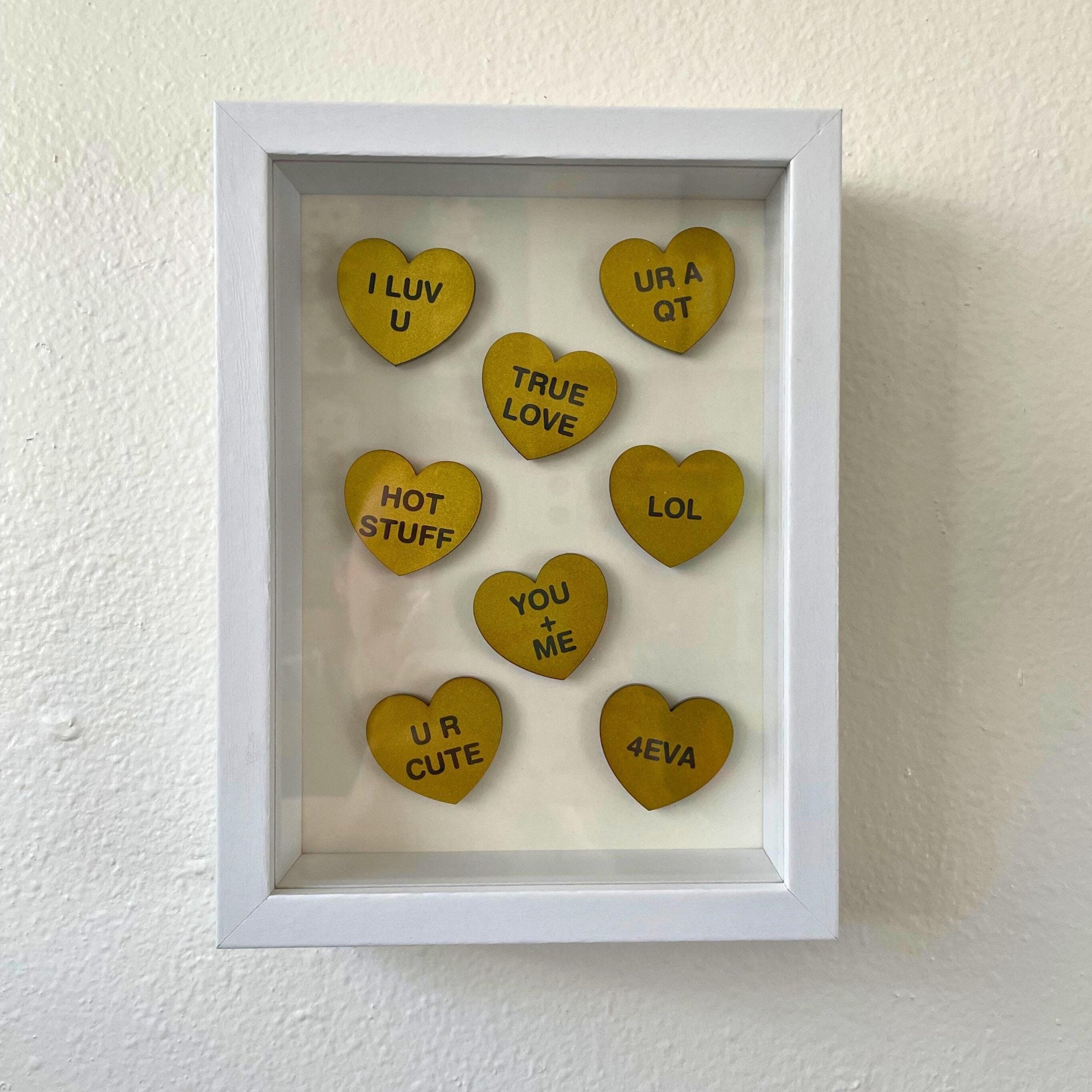 Candy Conversation Hearts Shadow Box | Internet Love Sayings Valentine Decor | Modern Heart Wall Art | Cute Valentine Gift - by MirrorPop. Handmade acrylic art.