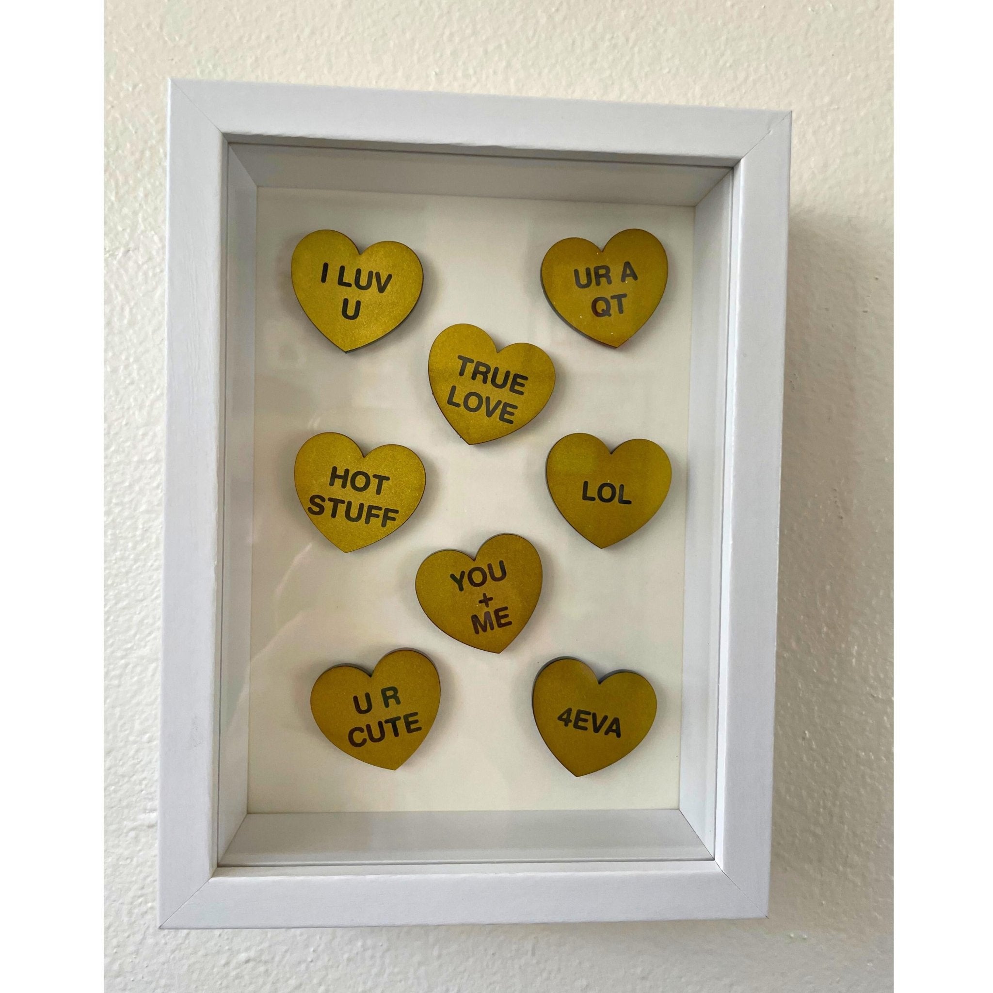 Candy Conversation Hearts Shadow Box | Internet Love Sayings Valentine Decor | Modern Heart Wall Art | Cute Valentine Gift - by MirrorPop. Handmade acrylic art.