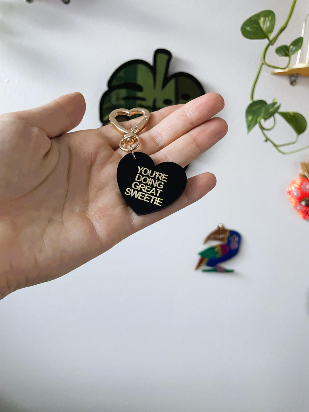 You're Doing Great Sweetie Trinket Bag Charm Key Chain | Handmade Heart Black Acrylic