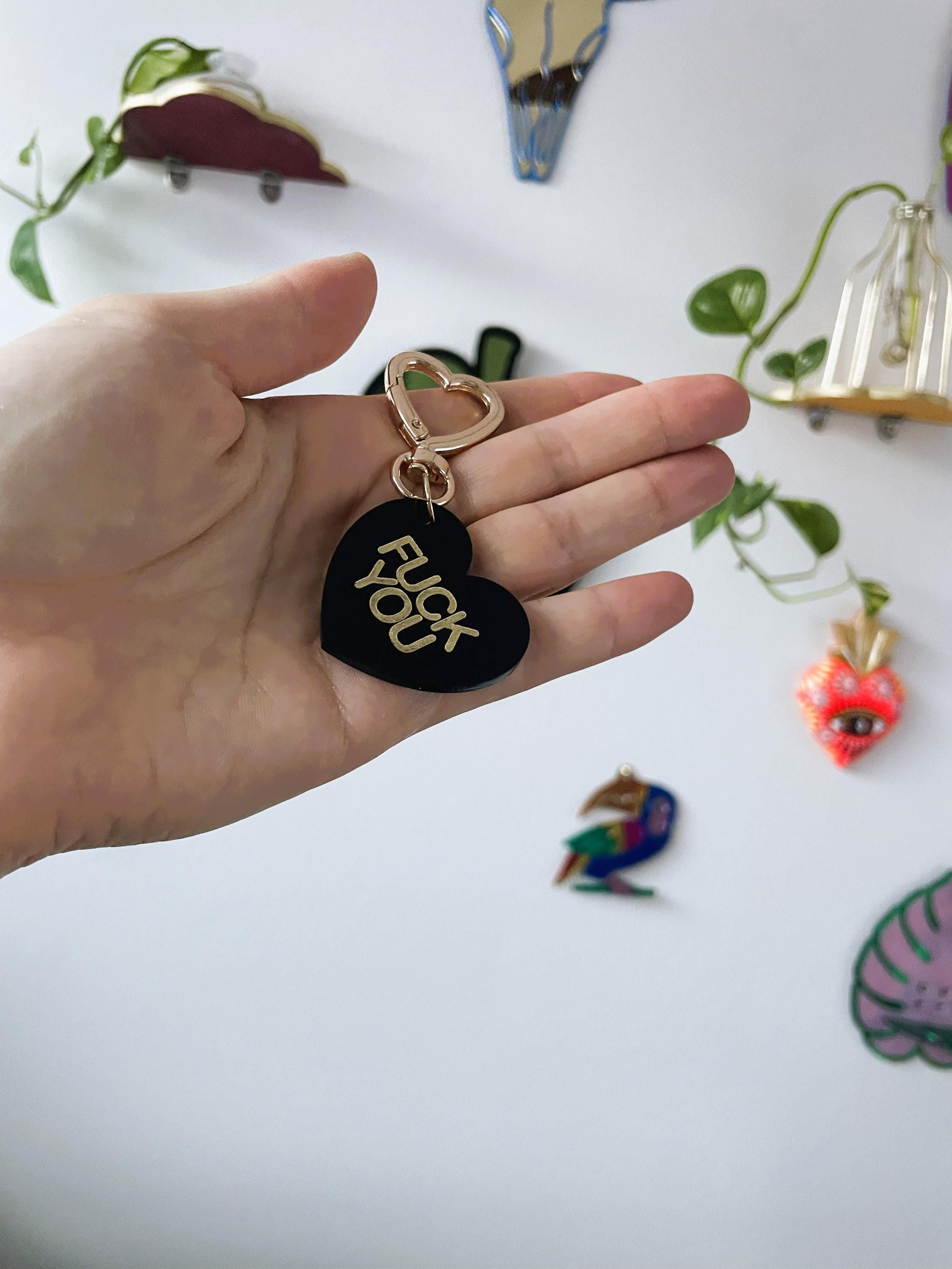Fuck You Fuck Off Trinket Bag Charm Key Chain | Handmade Heart Black Acrylic