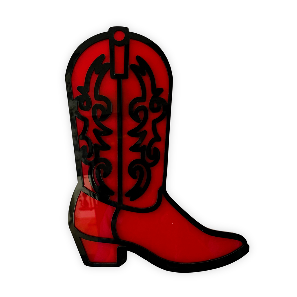 Red cowboy boot with black details on a white background, acrylic wall art