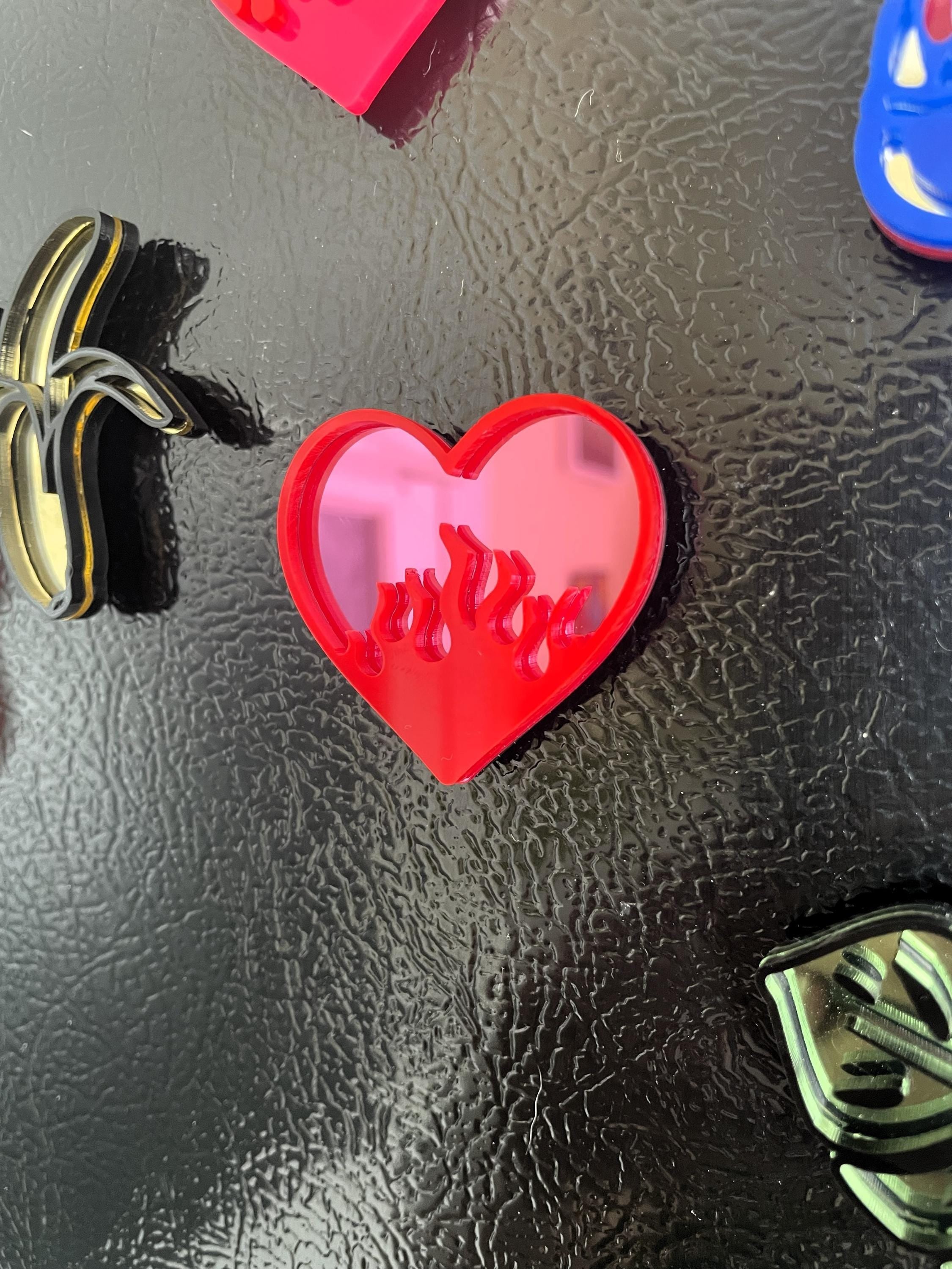 Heart and Flame Acrylic Mirror Fridge Magnet: Funky Pop Art Small Wall Hanging