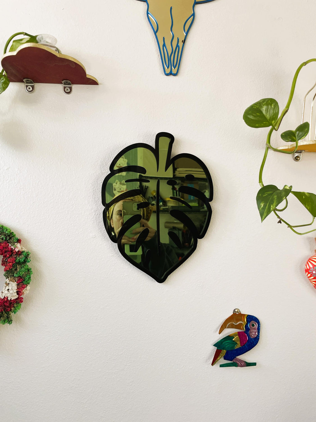 Decorative wall hooks shaped like leaves and a toucan on a white background