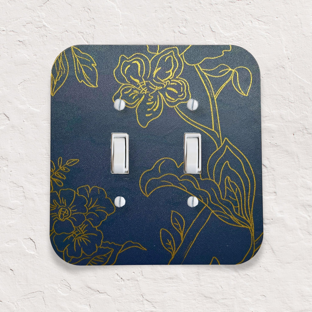 Decorative Light Switch Cover – Floral Blue & Gold Wall Plate, Modern Accent Switch Cover - by MirrorPop. Handmade acrylic art.