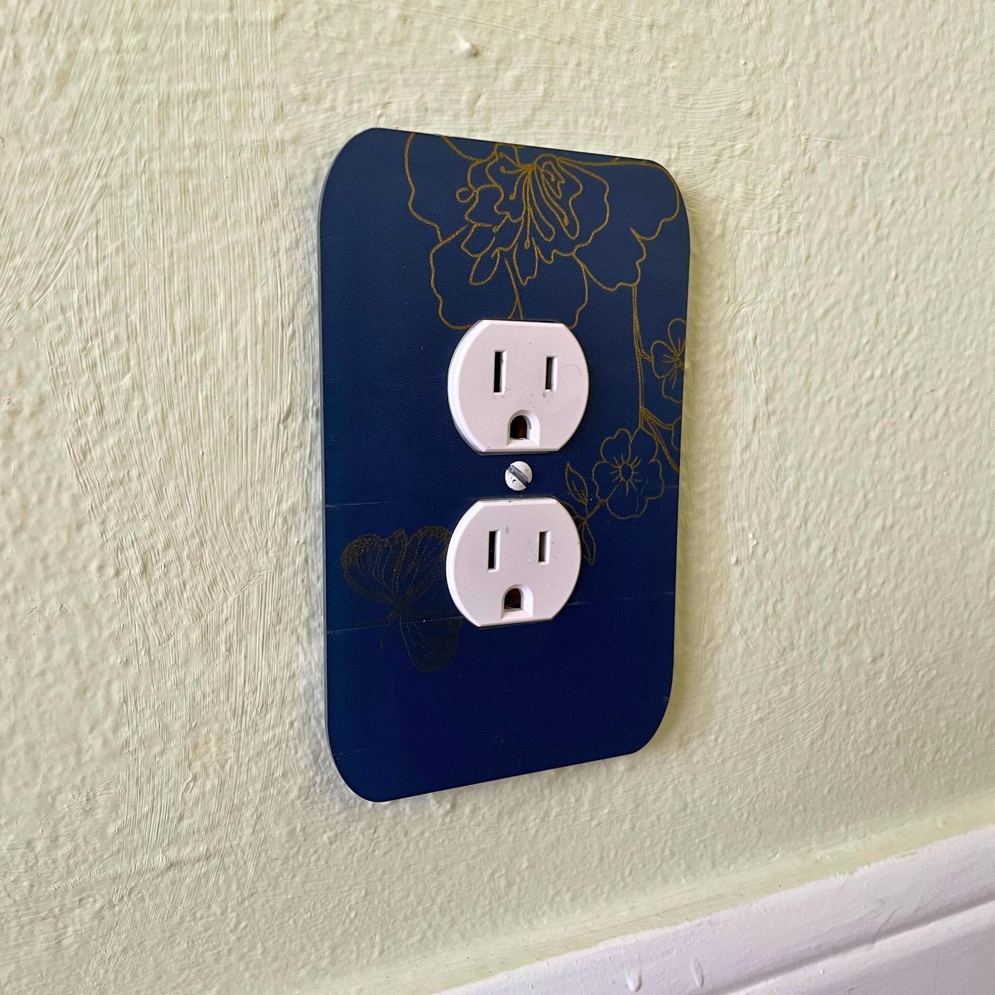 Decorative Light Switch Cover – Floral Blue & Gold Wall Plate, Modern Accent Switch Cover - by MirrorPop. Handmade acrylic art.